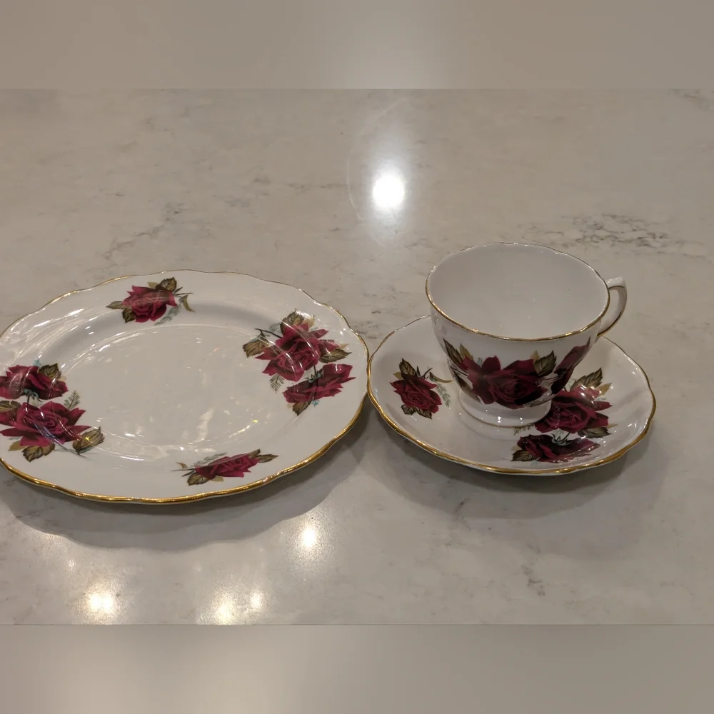 Red Rose Trio - Teacup, Saucer And Tea Plate.